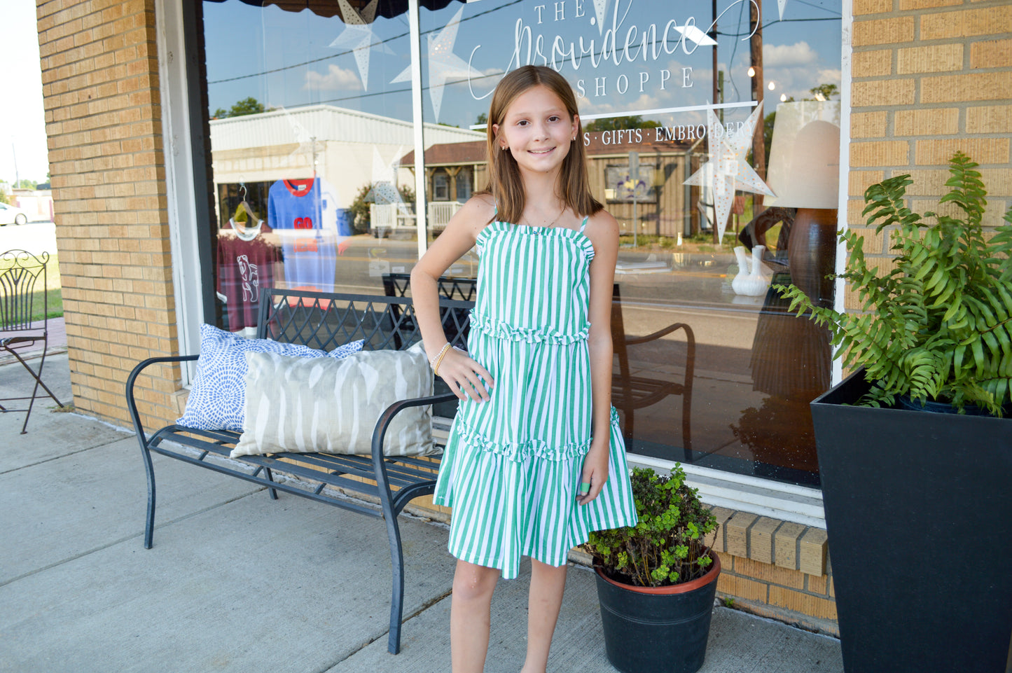 Ruffle Trimmed Poplin Stripe Dress - Green