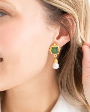 Madeline Pearl Drop Earrings - Emerald