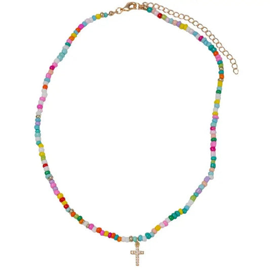 Kids 14" Beaded Necklace with Crystal Cross