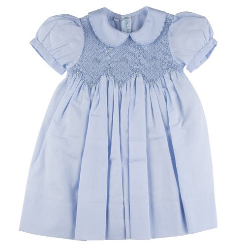 Scalloped Pearl Smocked Dress - Blue