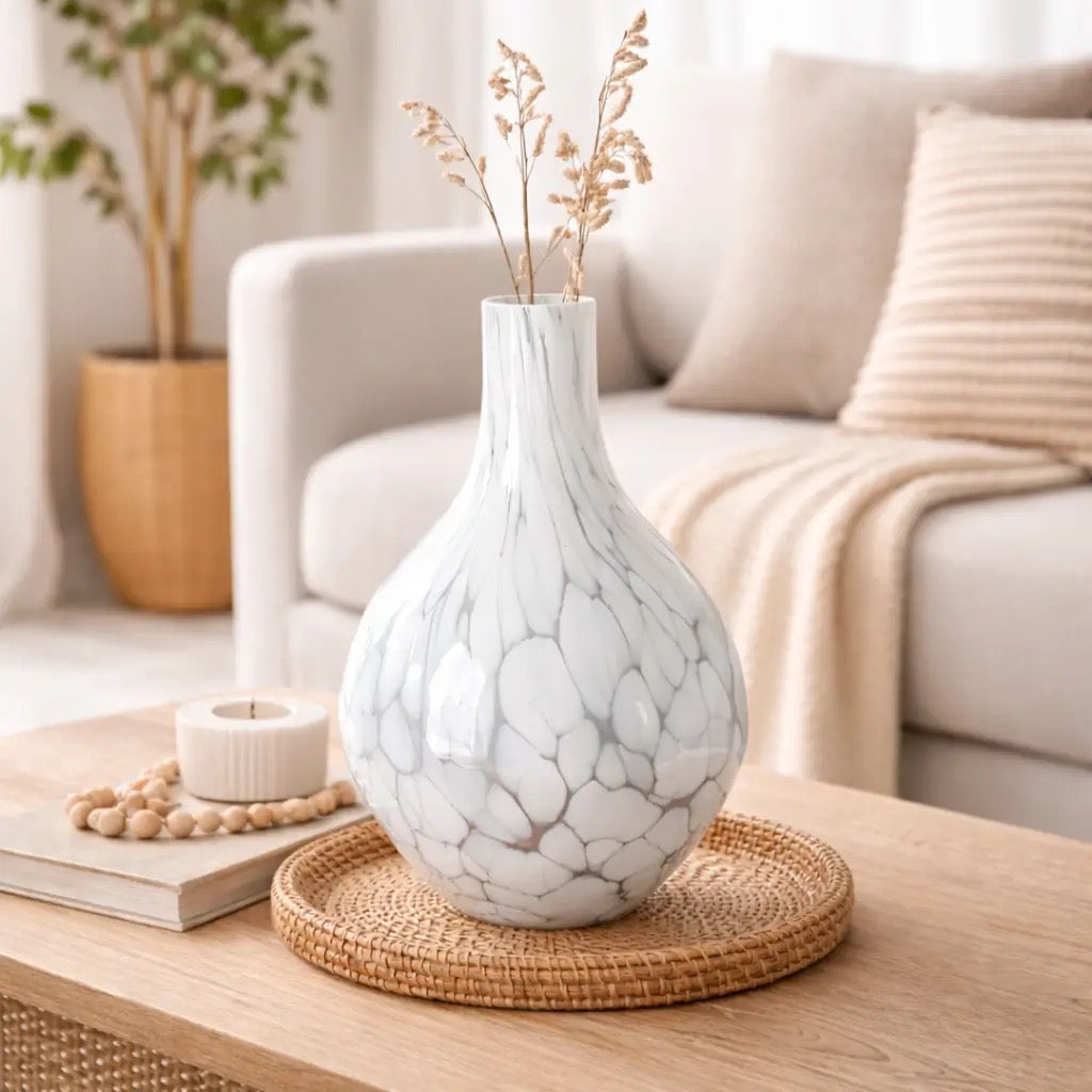 White Splutter Round Glass Vase