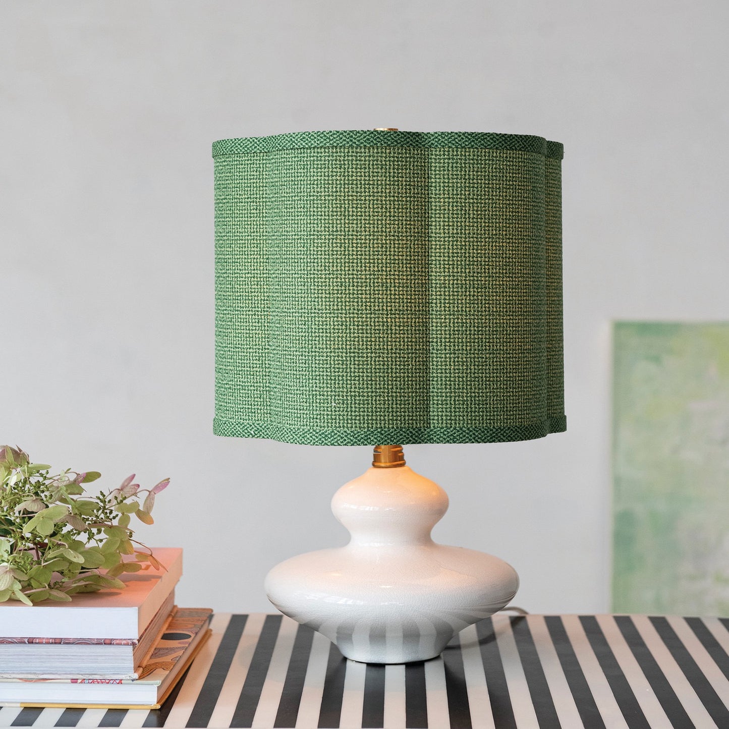 Stoneware White Table Lamp with Scalloped Green Shade