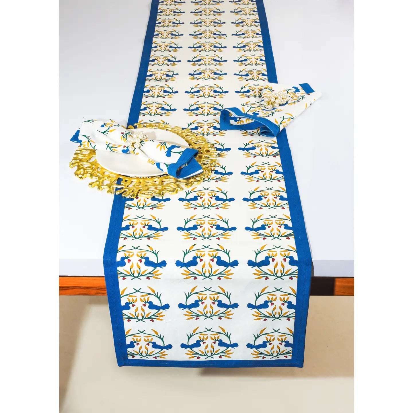 Bluebird Blooms Block Print Cotton Table Runner