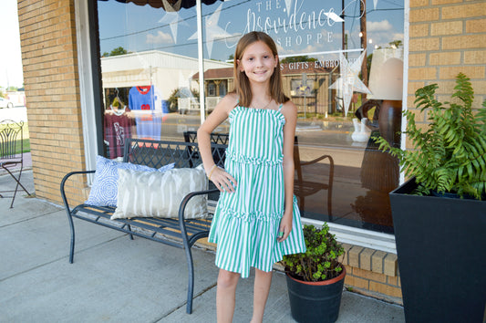 Ruffle Trimmed Poplin Stripe Dress - Green
