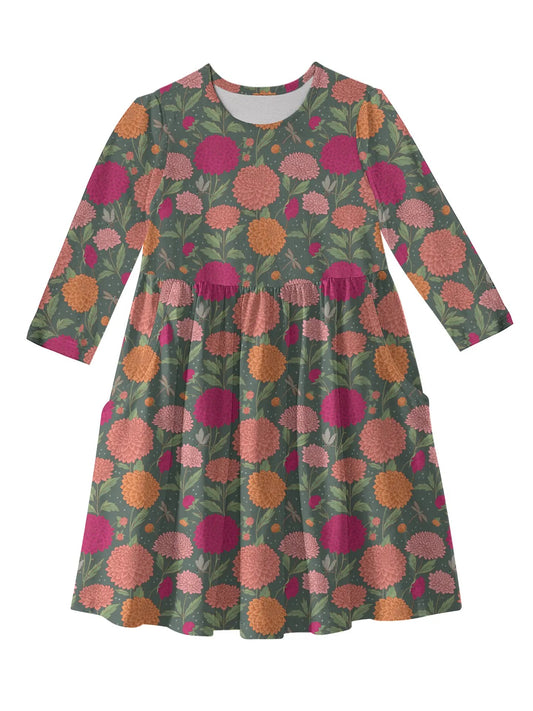 Dahlias Fall Floral 3/4 Sleeve Pocket Dress