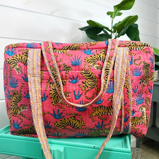 Quilted Weekender Bag - Rose Pink Tigers