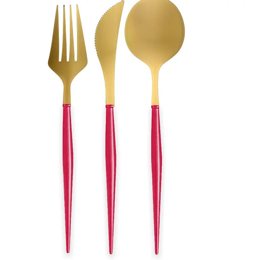 Bella Reusable Plastic Cutlery Gold/Red Handle