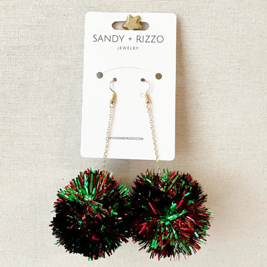 Red and Green Tinsel Christmas Pom Dangle