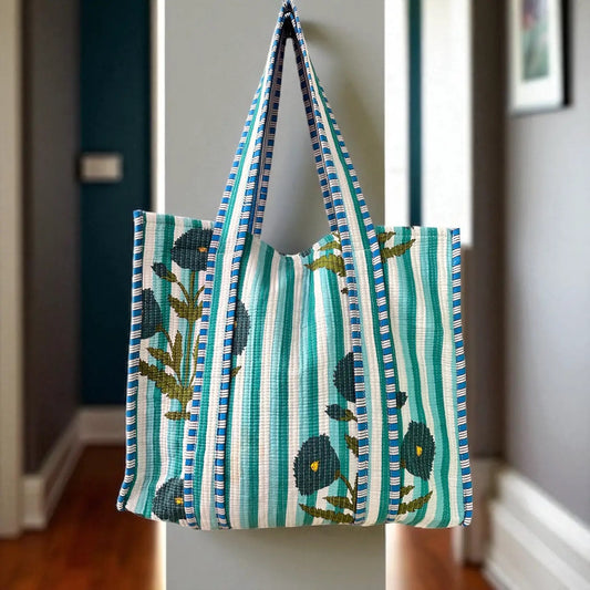 Navy Blossom Quilted Tote Bag