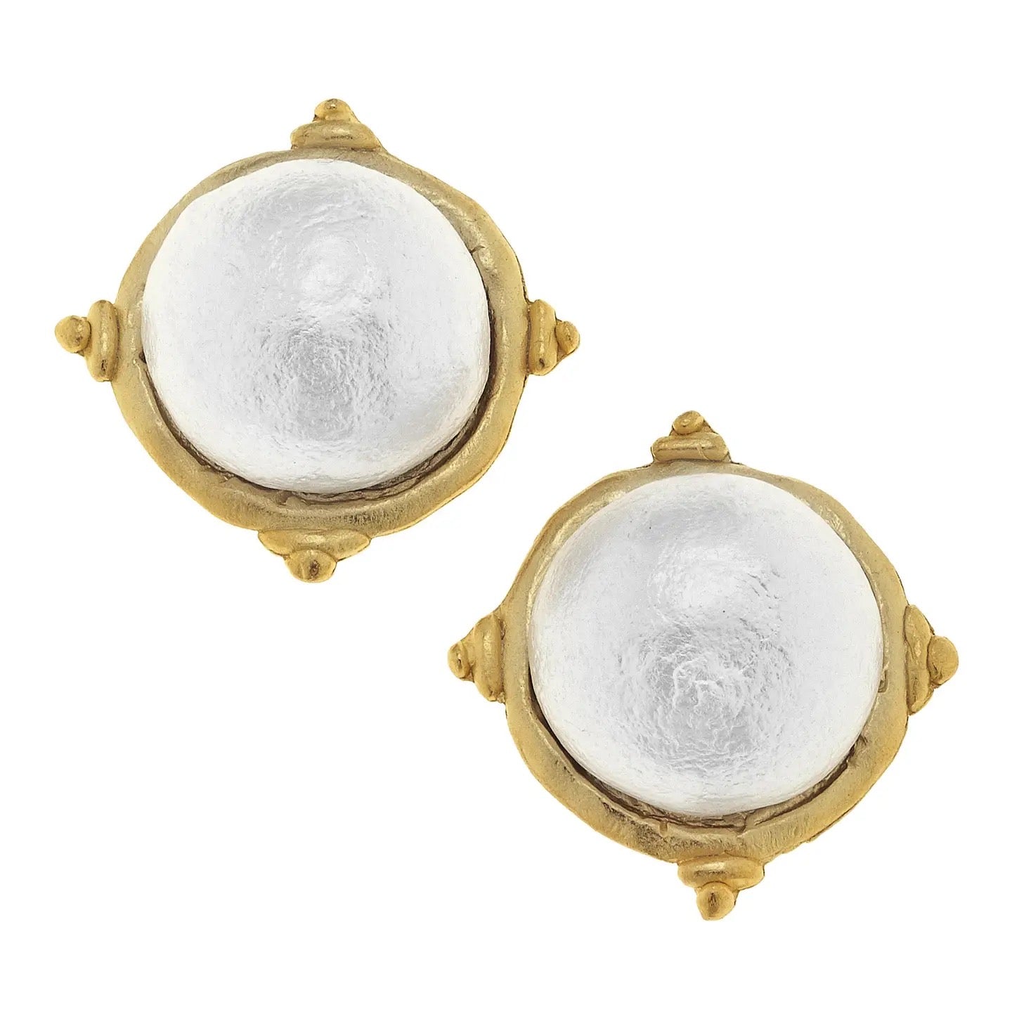 Gold and Cotton Pearl Stud Earrings