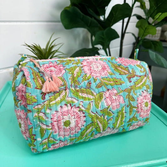 Quilted Cosmetic Bag - Aqua Floral Green Leaves