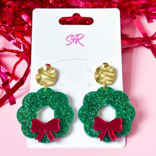 Green Acrylic Wreath Dangle with Red Bow