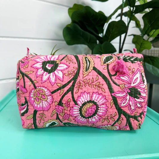 Quilted Cosmetic Toiletry Bag - Pink Tan Floral