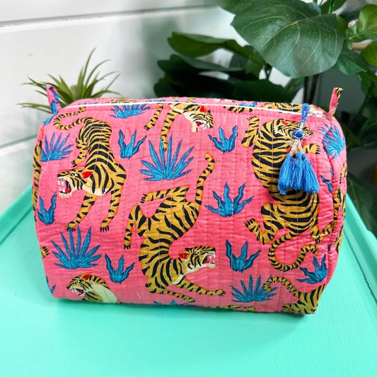 Quilted Cosmetic Bag - Rose Pink Tigers