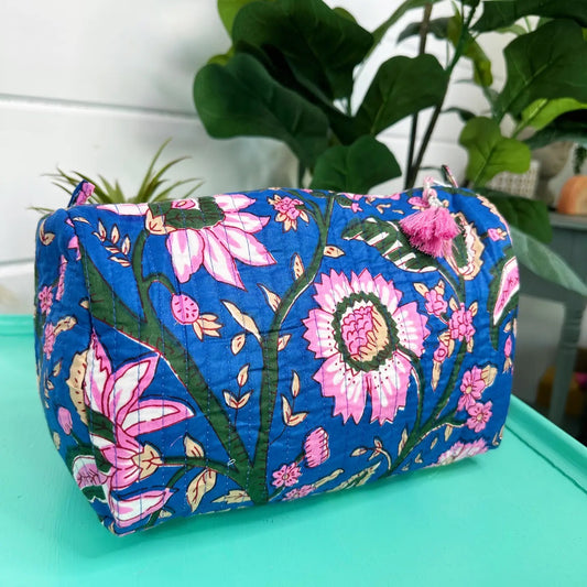 Quilted Cosmetic Toiletry Bag - Royal Blue Floral