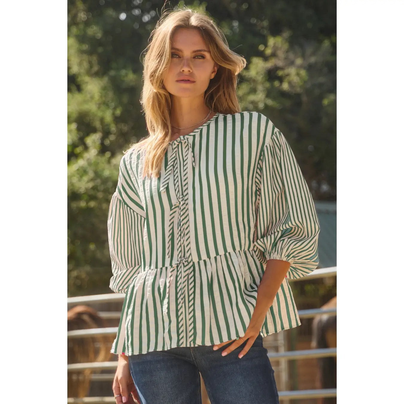 Textured Stripe Tie Blouse