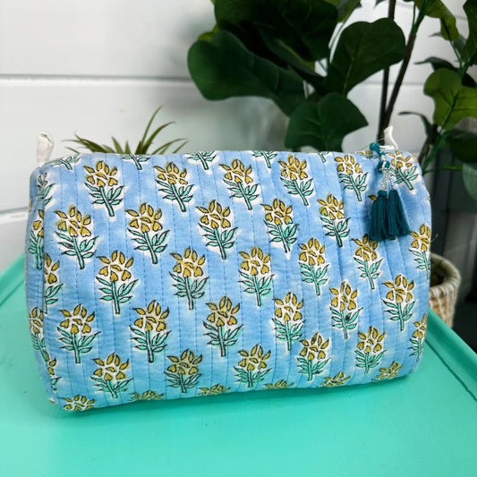 Quilted Cosmetic Toiletry Bag - Sky Blue Flowers