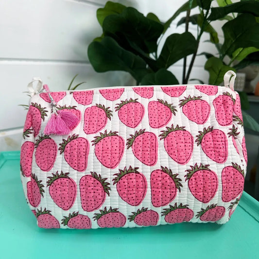 Quilted Cosmetic Toiletry Bag - Strawberries
